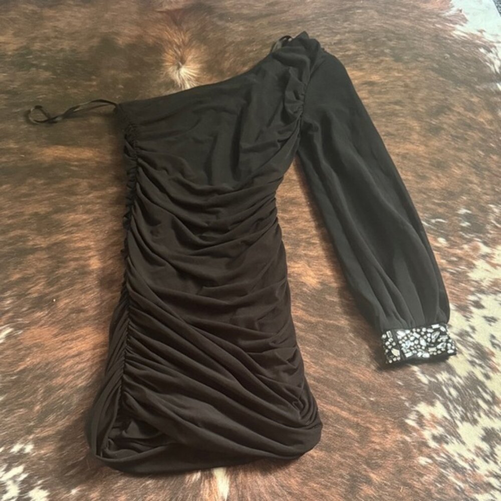 City Triangles Black One-Shoulder Dress with Beaded Cuff